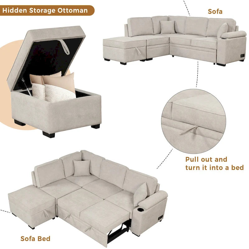 87,4 Schlafsofa, 2 in 1 Ausziehbares Schlafsofa L-Form mit Stauraum-Ottomane für Wohnzimmer, Schlafzimmer und kleine Wohnungen