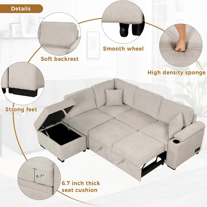 87,4 Schlafsofa, 2 in 1 Ausziehbares Schlafsofa L-Form mit Stauraum-Ottomane für Wohnzimmer, Schlafzimmer und kleine Wohnungen