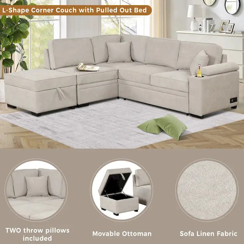87,4 Schlafsofa, 2 in 1 Ausziehbares Schlafsofa L-Form mit Stauraum-Ottomane für Wohnzimmer, Schlafzimmer und kleine Wohnungen