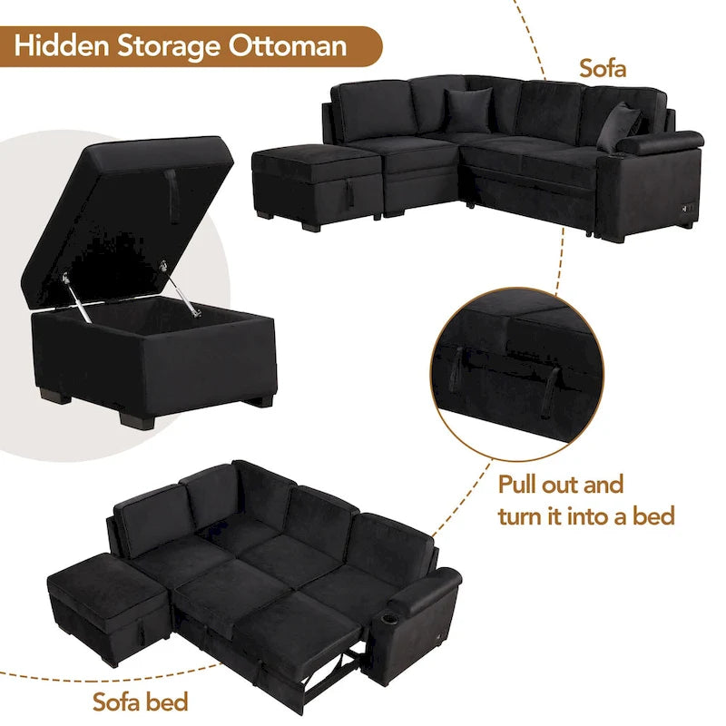 87,4 Schlafsofa, 2 in 1 Ausziehbares Schlafsofa L-Form mit Stauraum-Ottomane für Wohnzimmer, Schlafzimmer und kleine Wohnungen