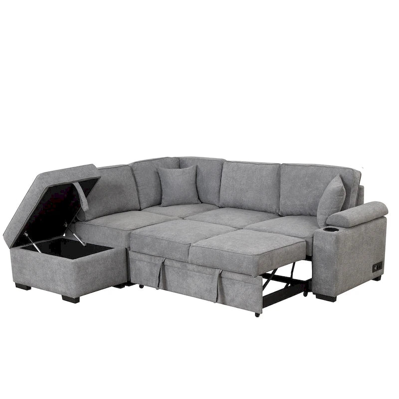 87,4 Schlafsofa, 2 in 1 Ausziehbares Schlafsofa L-Form mit Stauraum-Ottomane für Wohnzimmer, Schlafzimmer und kleine Wohnungen