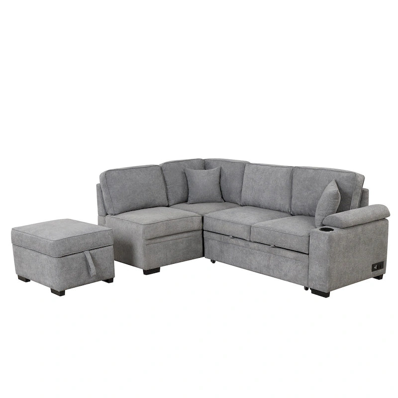 87,4 Schlafsofa, 2 in 1 Ausziehbares Schlafsofa L-Form mit Stauraum-Ottomane für Wohnzimmer, Schlafzimmer und kleine Wohnungen