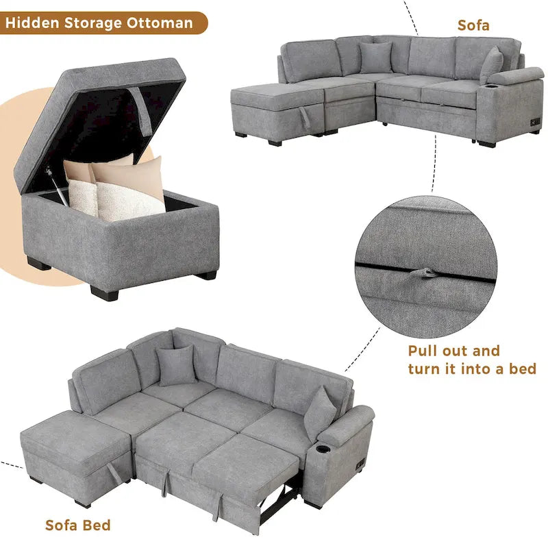 87,4 Schlafsofa, 2 in 1 Ausziehbares Schlafsofa L-Form mit Stauraum-Ottomane für Wohnzimmer, Schlafzimmer und kleine Wohnungen