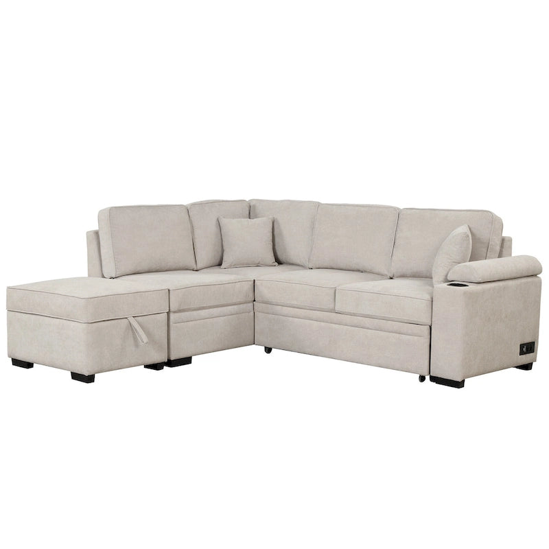87,4 Schlafsofa, 2 in 1 Ausziehbares Schlafsofa L-Form mit Stauraum-Ottomane für Wohnzimmer, Schlafzimmer und kleine Wohnungen