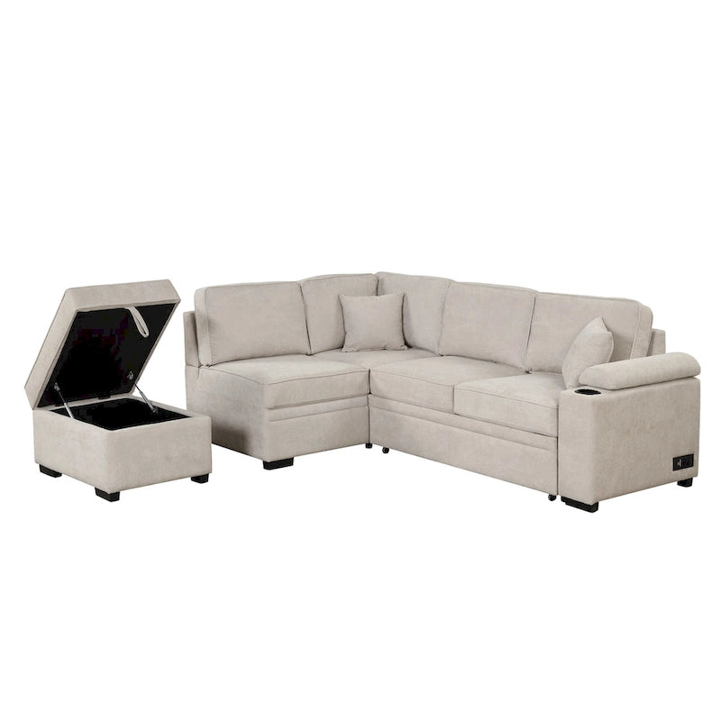 87,4 Schlafsofa, 2 in 1 Ausziehbares Schlafsofa L-Form mit Stauraum-Ottomane für Wohnzimmer, Schlafzimmer und kleine Wohnungen
