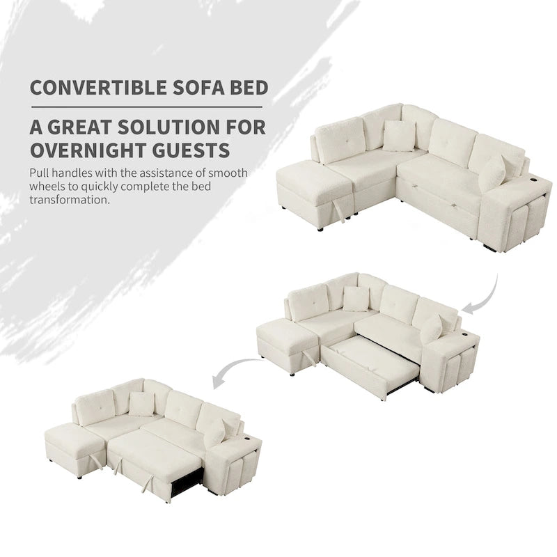 87.7 Schlafsofa, ausziehbares Sofa mit Stauraum-Ottomane, 2 Wurfkissen, 2 Hockern, kabellosem Ladegerät und zwei