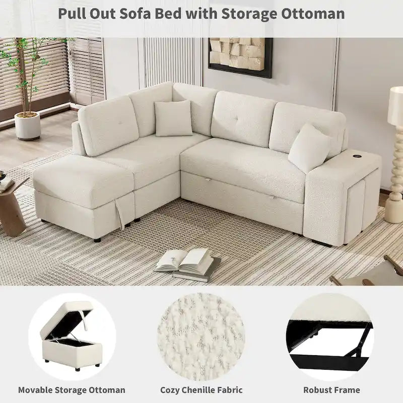 87.7 Schlafsofa, ausziehbares Sofa mit Stauraum-Ottomane, 2 Wurfkissen, 2 Hockern, kabellosem Ladegerät und zwei