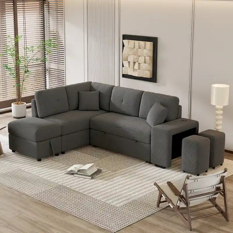 87.7 Schlafsofa, ausziehbares Sofa mit Stauraum-Ottomane, 2 Wurfkissen, 2 Hockern, kabellosem Ladegerät und zwei