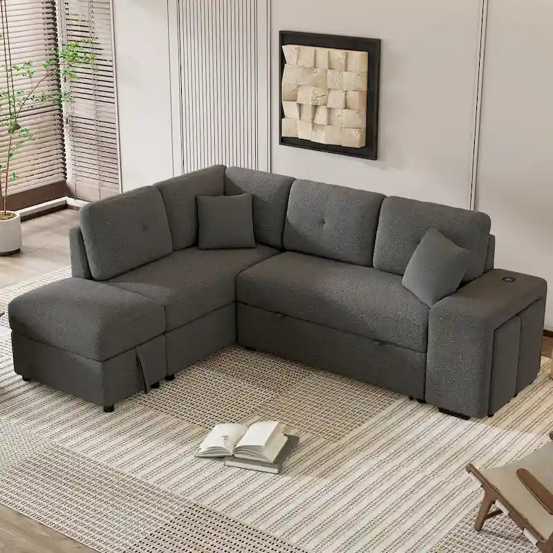 87.7 Schlafsofa, ausziehbares Sofa mit Stauraum-Ottomane, 2 Wurfkissen, 2 Hockern, kabellosem Ladegerät und zwei