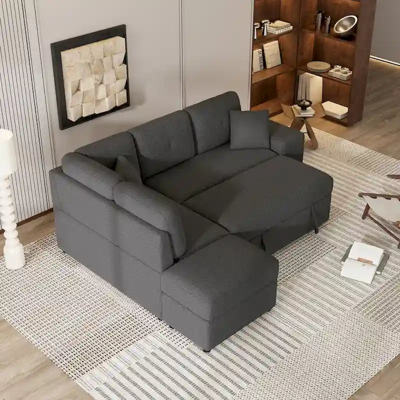 87.7 Schlafsofa, ausziehbares Sofa mit Stauraum-Ottomane, 2 Wurfkissen, 2 Hockern, kabellosem Ladegerät und zwei
