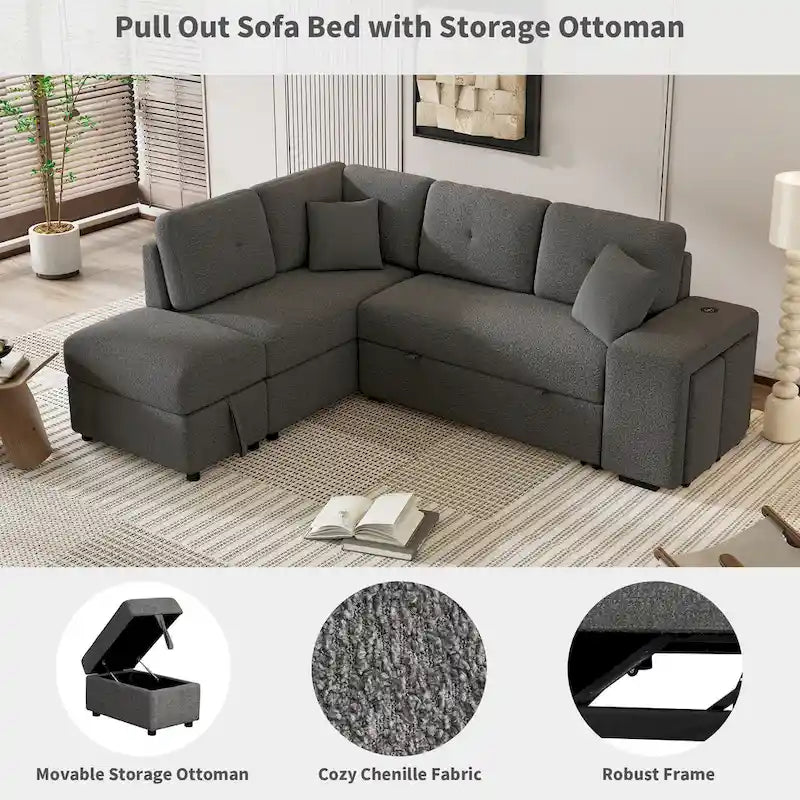 87.7 Schlafsofa, ausziehbares Sofa mit Stauraum-Ottomane, 2 Wurfkissen, 2 Hockern, kabellosem Ladegerät und zwei