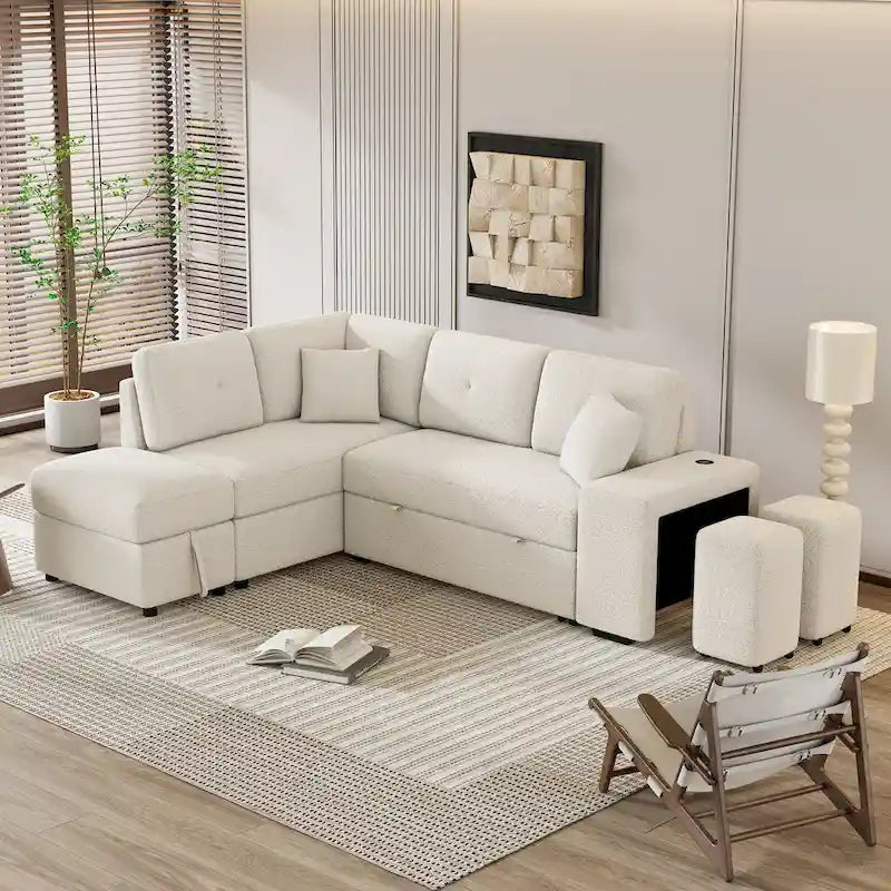 87.7 Schlafsofa, ausziehbares Sofa mit Stauraum-Ottomane, 2 Wurfkissen, 2 Hockern, kabellosem Ladegerät und zwei