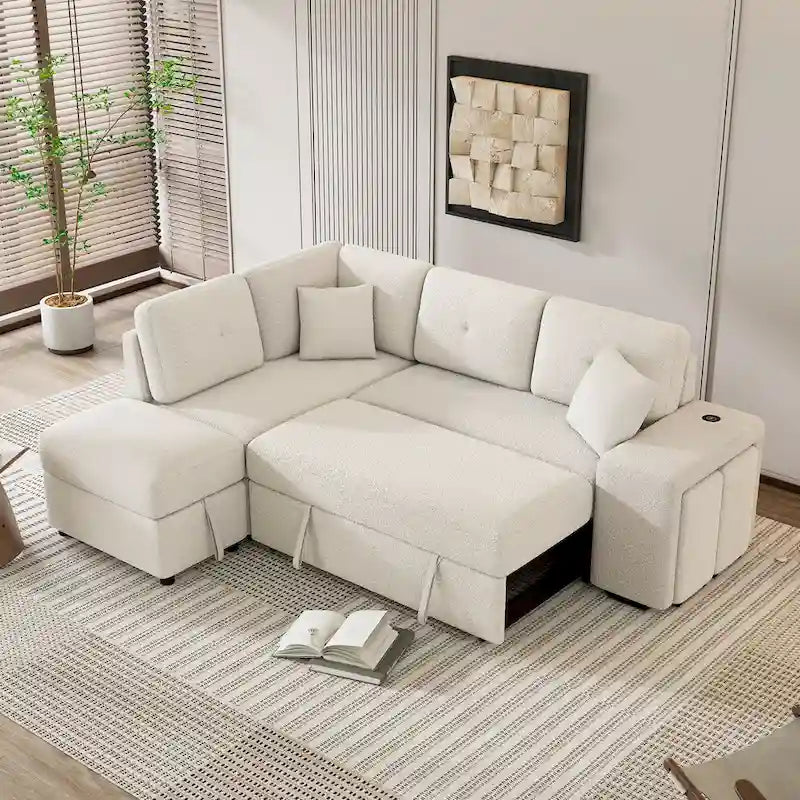87.7 Schlafsofa, ausziehbares Sofa mit Stauraum-Ottomane, 2 Wurfkissen, 2 Hockern, kabellosem Ladegerät und zwei