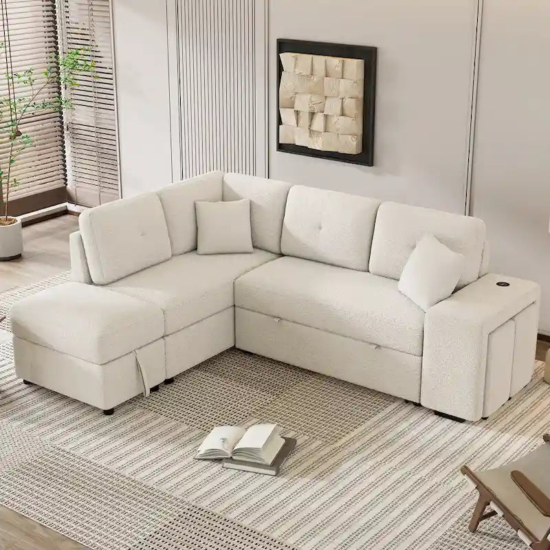 87.7 Schlafsofa, ausziehbares Sofa mit Stauraum-Ottomane, 2 Wurfkissen, 2 Hockern, kabellosem Ladegerät und zwei