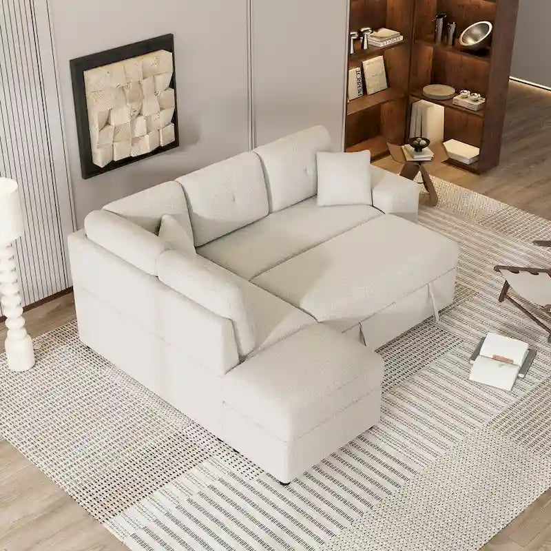 87.7 Schlafsofa, ausziehbares Sofa mit Stauraum-Ottomane, 2 Wurfkissen, 2 Hockern, kabellosem Ladegerät und zwei