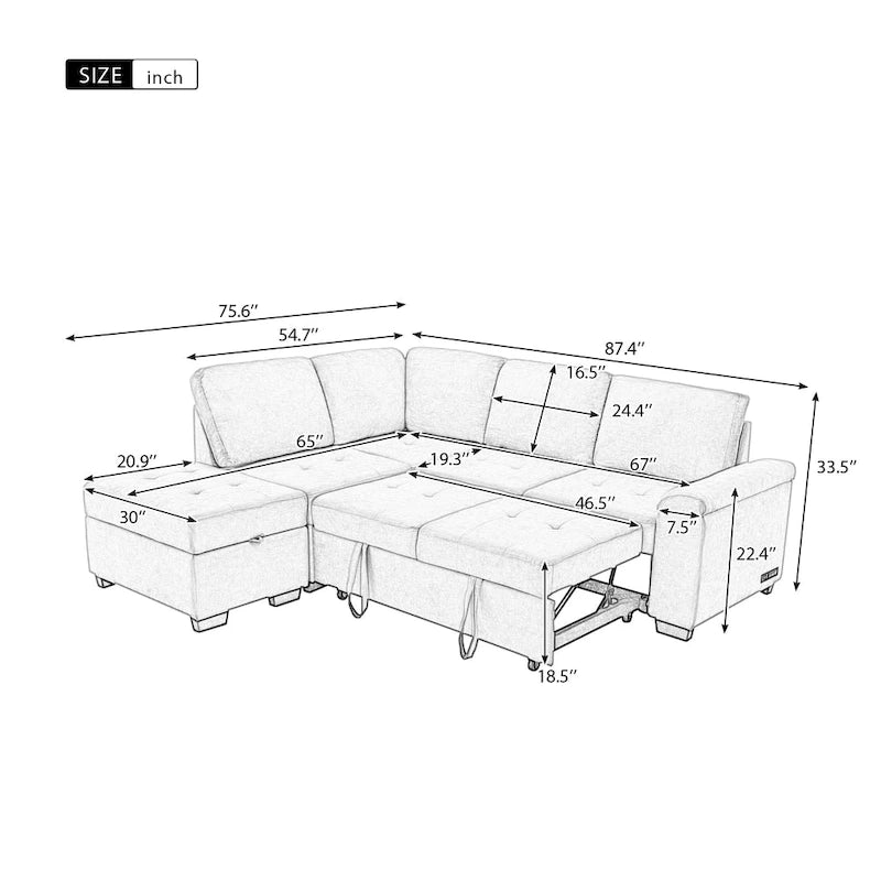 Schlafsofa, Ecksofa in L-Form mit Stauraum-Ottomane und verstecktem Armlehnen-Stauraum sowie USB-Ladefunktion für Wohnzimmer Ap