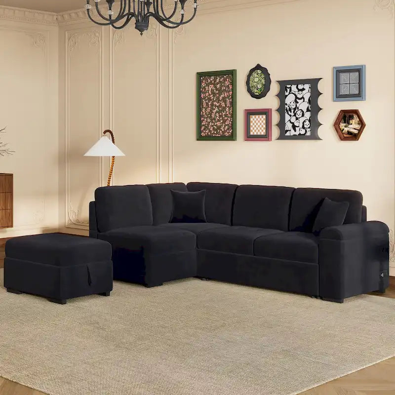 Schlafsofa, Ecksofa in L-Form mit Stauraum-Ottomane und verstecktem Armlehnen-Stauraum sowie USB-Ladefunktion für Wohnzimmer Ap