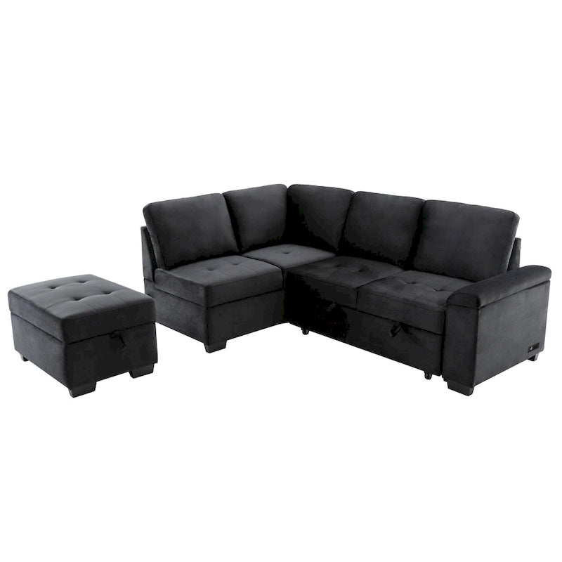 Schlafsofa, Ecksofa in L-Form mit Stauraum-Ottomane und verstecktem Armlehnen-Stauraum sowie USB-Ladefunktion für Wohnzimmer Ap