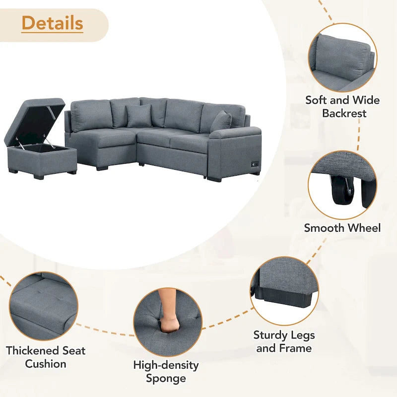 Schlafsofa, Ecksofa in L-Form mit Stauraum-Ottomane und verstecktem Armlehnen-Stauraum sowie USB-Ladefunktion für Wohnzimmer Ap