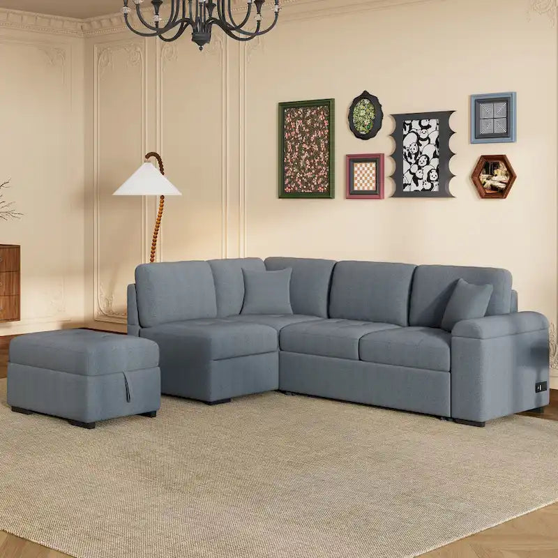 Schlafsofa, Ecksofa in L-Form mit Stauraum-Ottomane und verstecktem Armlehnen-Stauraum sowie USB-Ladefunktion für Wohnzimmer Ap