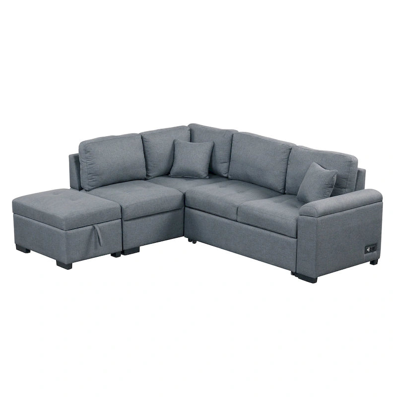 Schlafsofa, Ecksofa in L-Form mit Stauraum-Ottomane und verstecktem Armlehnen-Stauraum sowie USB-Ladefunktion für Wohnzimmer Ap