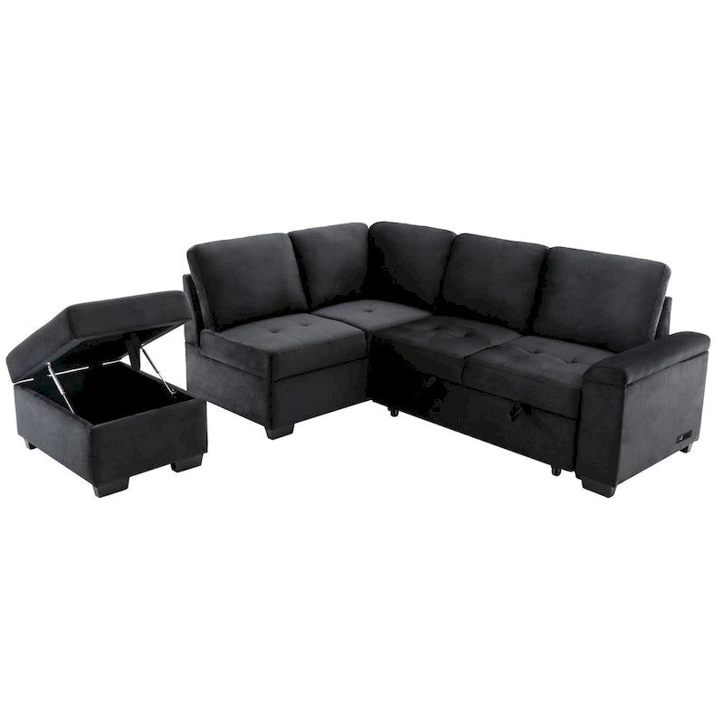 Schlafsofa, Ecksofa in L-Form mit Stauraum-Ottomane und verstecktem Armlehnen-Stauraum sowie USB-Ladefunktion für Wohnzimmer Ap