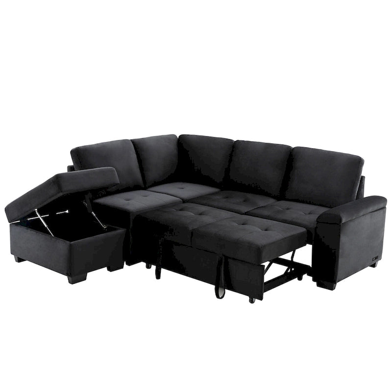 Schlafsofa, Ecksofa in L-Form mit Stauraum-Ottomane und verstecktem Armlehnen-Stauraum sowie USB-Ladefunktion für Wohnzimmer Ap