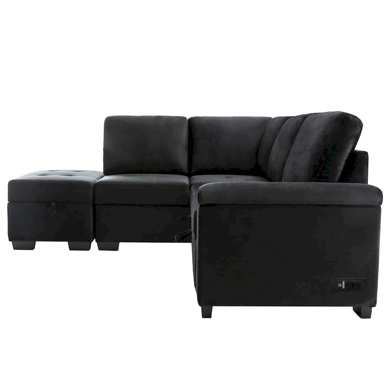 Schlafsofa, Ecksofa in L-Form mit Stauraum-Ottomane und verstecktem Armlehnen-Stauraum sowie USB-Ladefunktion für Wohnzimmer Ap