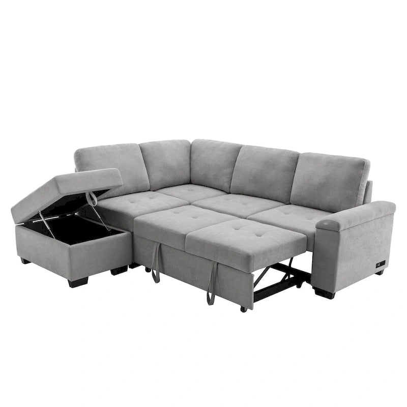 Schlafsofa, Ecksofa in L-Form mit Stauraum-Ottomane und verstecktem Armlehnen-Stauraum sowie USB-Ladefunktion für Wohnzimmer Ap