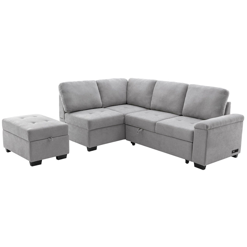 Schlafsofa, Ecksofa in L-Form mit Stauraum-Ottomane und verstecktem Armlehnen-Stauraum sowie USB-Ladefunktion für Wohnzimmer Ap