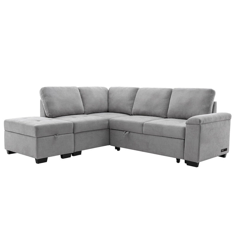 Schlafsofa, Ecksofa in L-Form mit Stauraum-Ottomane und verstecktem Armlehnen-Stauraum sowie USB-Ladefunktion für Wohnzimmer Ap