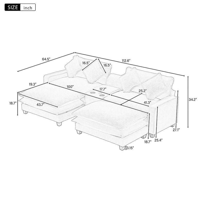 112.6 Sektionssofa Chenille-Polstersofa mit zwei abnehmbaren Ottomanen, zwei USB-Anschlüssen, zwei Getränkehaltern und großer Aufbewahrungsbox