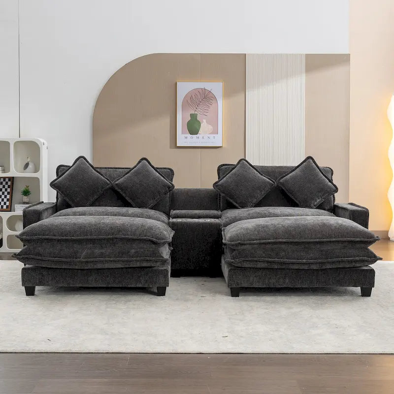 112.6 Sektionssofa Chenille-Polstersofa mit zwei abnehmbaren Ottomanen, zwei USB-Anschlüssen, zwei Getränkehaltern und großer Aufbewahrungsbox