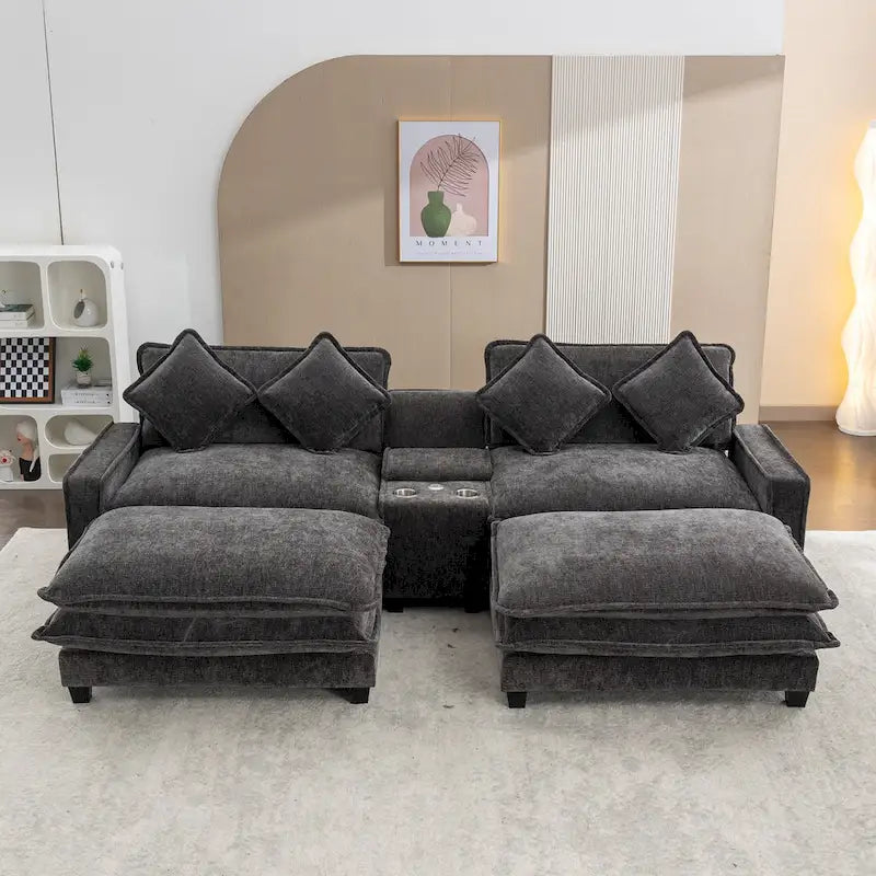 112.6 Sektionssofa Chenille-Polstersofa mit zwei abnehmbaren Ottomanen, zwei USB-Anschlüssen, zwei Getränkehaltern und großer Aufbewahrungsbox