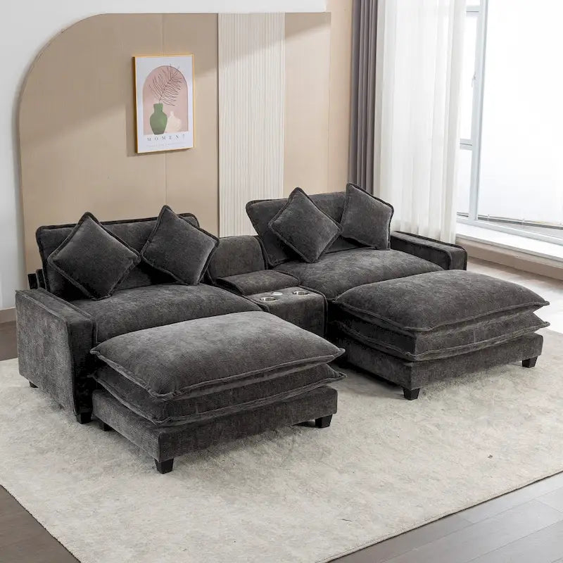 112.6 Sektionssofa Chenille-Polstersofa mit zwei abnehmbaren Ottomanen, zwei USB-Anschlüssen, zwei Getränkehaltern und großer Aufbewahrungsbox