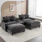 112.6 Sektionssofa Chenille-Polstersofa mit zwei abnehmbaren Ottomanen, zwei USB-Anschlüssen, zwei Getränkehaltern und großer Aufbewahrungsbox