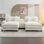 112.6 Sektionssofa Chenille-Polstersofa mit zwei abnehmbaren Ottomanen, zwei USB-Anschlüssen, zwei Getränkehaltern und großer Aufbewahrungsbox