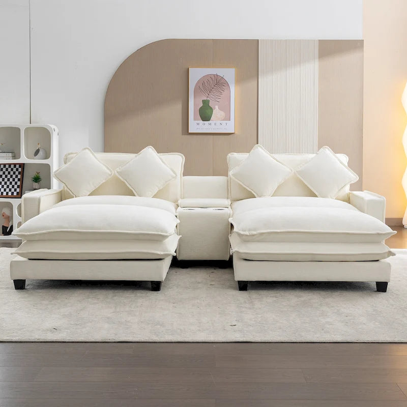 112.6 Sektionssofa Chenille-Polstersofa mit zwei abnehmbaren Ottomanen, zwei USB-Anschlüssen, zwei Getränkehaltern und großer Aufbewahrungsbox