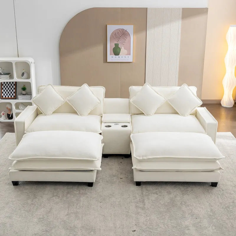 112.6 Sektionssofa Chenille-Polstersofa mit zwei abnehmbaren Ottomanen, zwei USB-Anschlüssen, zwei Getränkehaltern und großer Aufbewahrungsbox