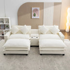 112.6 Sektionssofa Chenille-Polstersofa mit zwei abnehmbaren Ottomanen, zwei USB-Anschlüssen, zwei Getränkehaltern und großer Aufbewahrungsbox