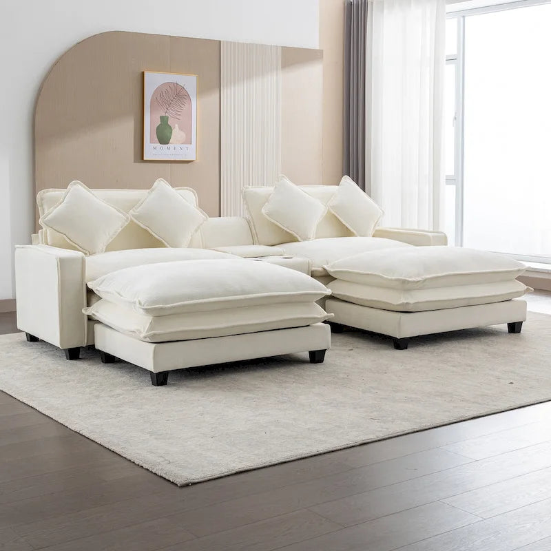 112.6 Sektionssofa Chenille-Polstersofa mit zwei abnehmbaren Ottomanen, zwei USB-Anschlüssen, zwei Getränkehaltern und großer Aufbewahrungsbox