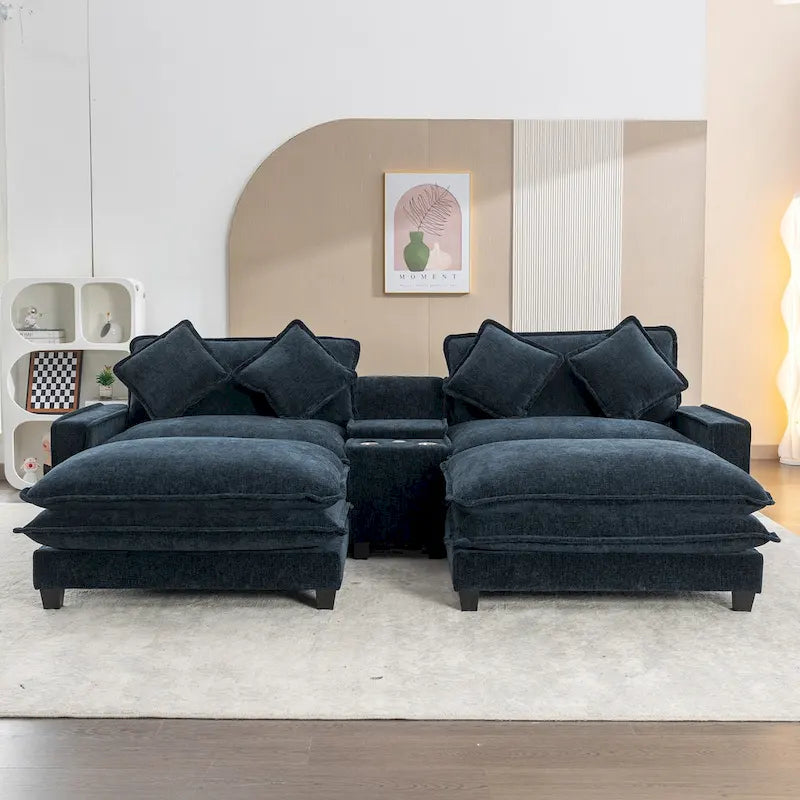 112.6 Sektionssofa Chenille-Polstersofa mit zwei abnehmbaren Ottomanen, zwei USB-Anschlüssen, zwei Getränkehaltern und großer Aufbewahrungsbox