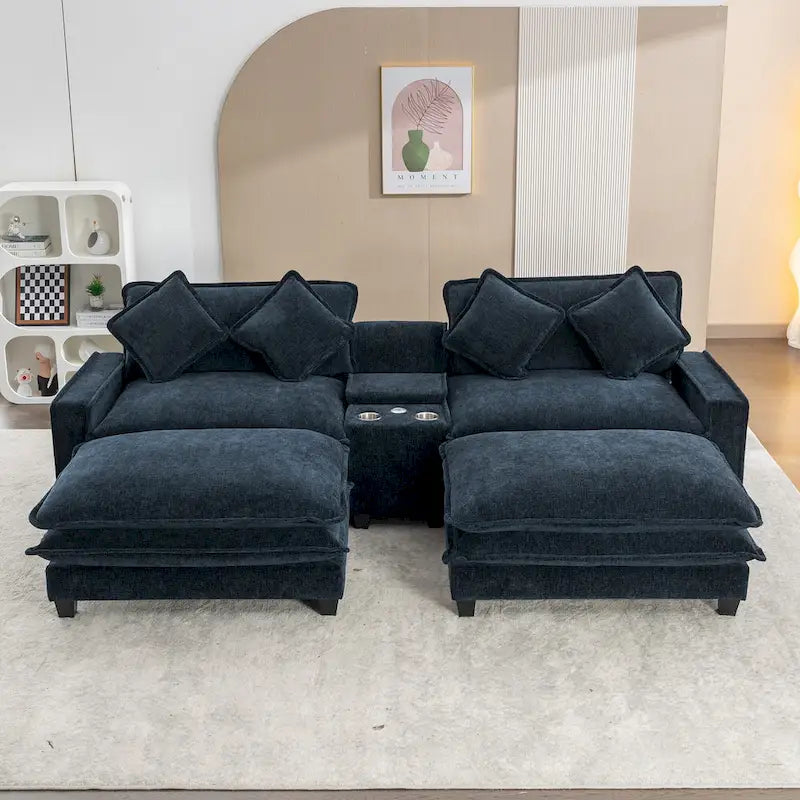 112.6 Sektionssofa Chenille-Polstersofa mit zwei abnehmbaren Ottomanen, zwei USB-Anschlüssen, zwei Getränkehaltern und großer Aufbewahrungsbox