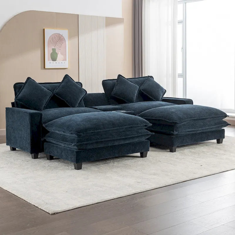 112.6 Sektionssofa Chenille-Polstersofa mit zwei abnehmbaren Ottomanen, zwei USB-Anschlüssen, zwei Getränkehaltern und großer Aufbewahrungsbox
