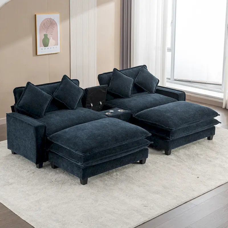 112.6 Sektionssofa Chenille-Polstersofa mit zwei abnehmbaren Ottomanen, zwei USB-Anschlüssen, zwei Getränkehaltern und großer Aufbewahrungsbox