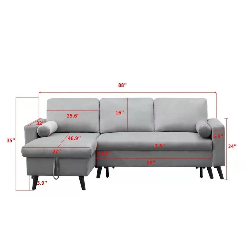 88 Umbaubares Ausziehsofa, Sektional-Schlafsofa mit Stauraum, Eckschlafsofa mit Stauraum-Recamiere links/rechts montierbar