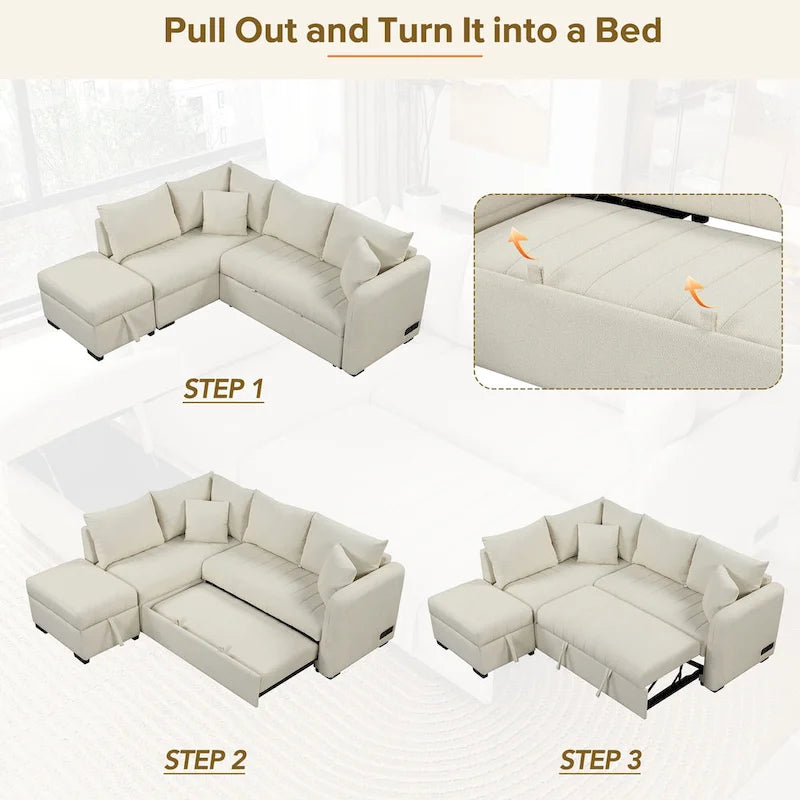 82.6 Eckschlafsofa in L-Form mit zwei USB-Anschlüssen, zwei Steckdosen und einem beweglichen Stauraum-Ottoman, Beige