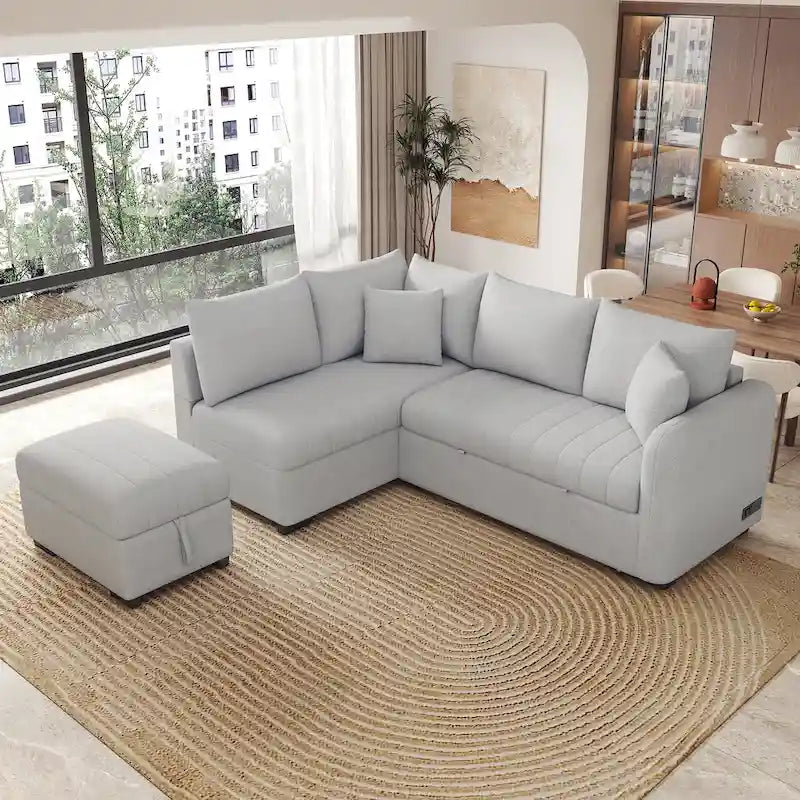 82.6 Eckschlafsofa in L-Form mit zwei USB-Anschlüssen, zwei Steckdosen und einem beweglichen Stauraum-Ottoman, Beige