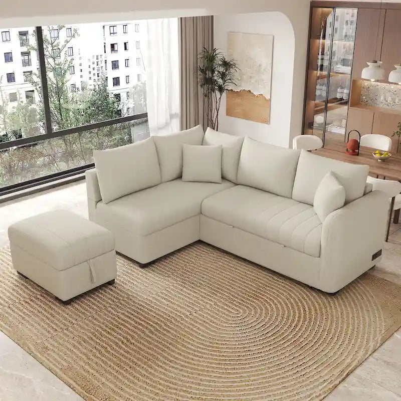 82.6 Eckschlafsofa in L-Form mit zwei USB-Anschlüssen, zwei Steckdosen und einem beweglichen Stauraum-Ottoman, Beige
