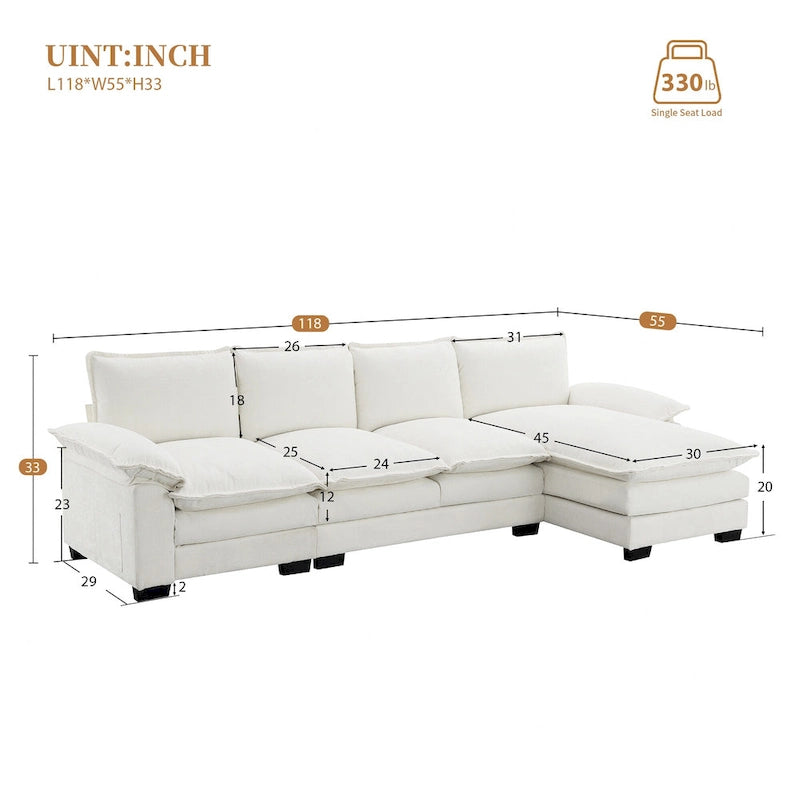 [VIDEO zur Verfügung gestellt][Neu]118*55 Modernes L-förmiges Chenille-Wolkensofa mit doppelten Sitzkissen, 5-Sitzer Polstermöbel für den Innenbereich,S